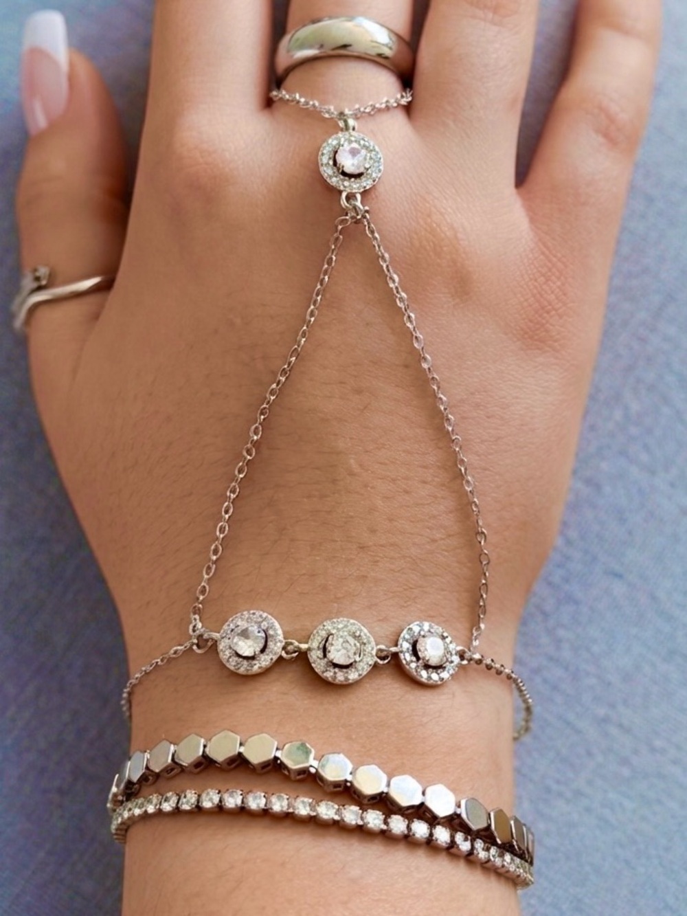 3/$40 Platinum Plated Round Zircon Hand Chain Elegant Minimalist Finger Bracelet